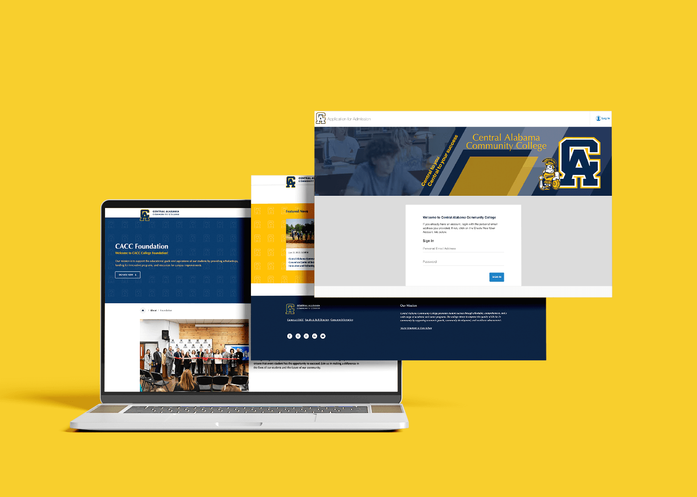 Laptop screen graphic showcasing Central Alabama Community College website