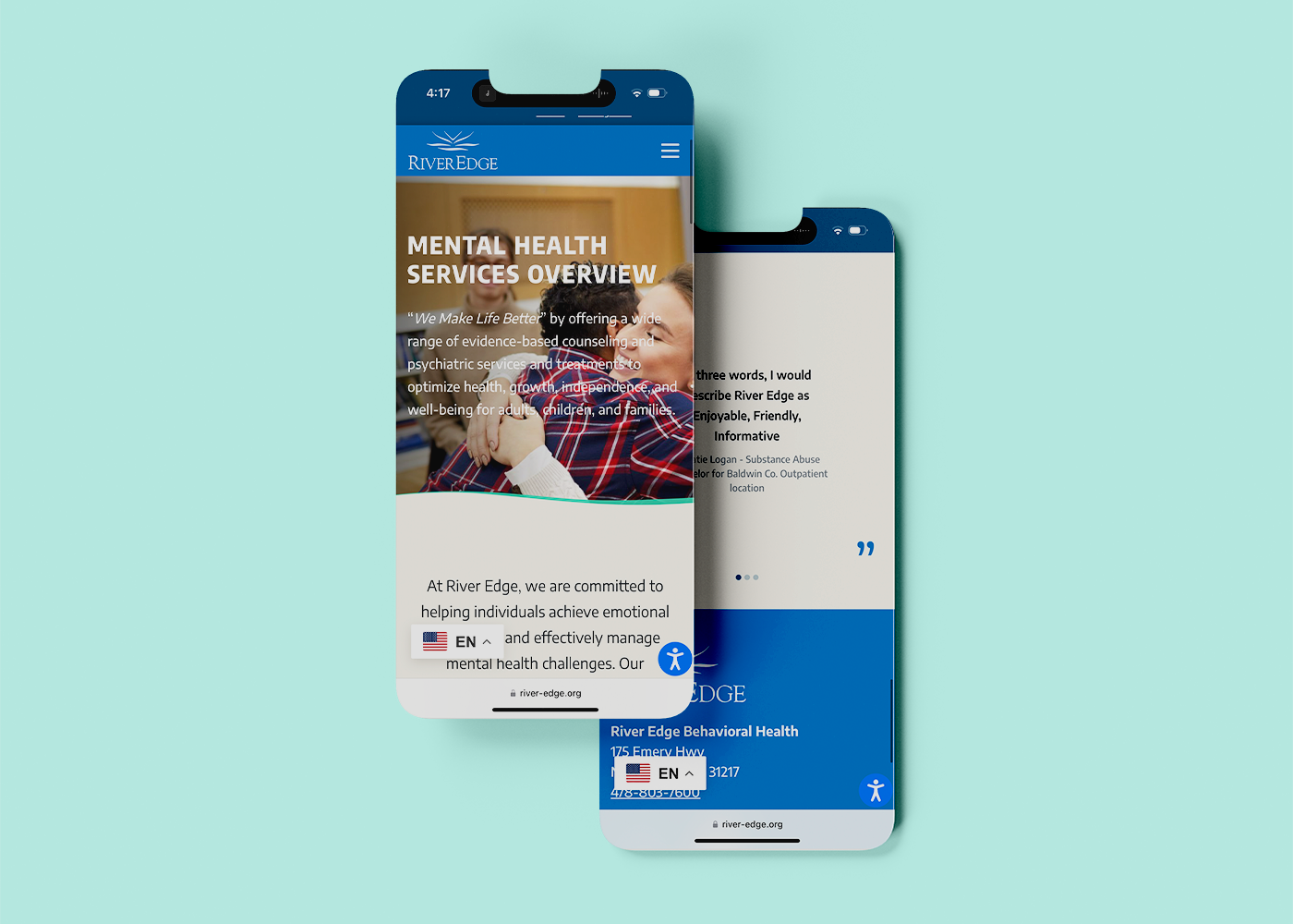 Mobile phone showcasing River Edge Behavioral Health website