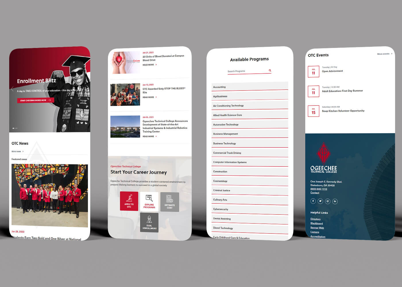 Four mobile phone views displaying mobile responsive web page designs for Ogeechee Technical College