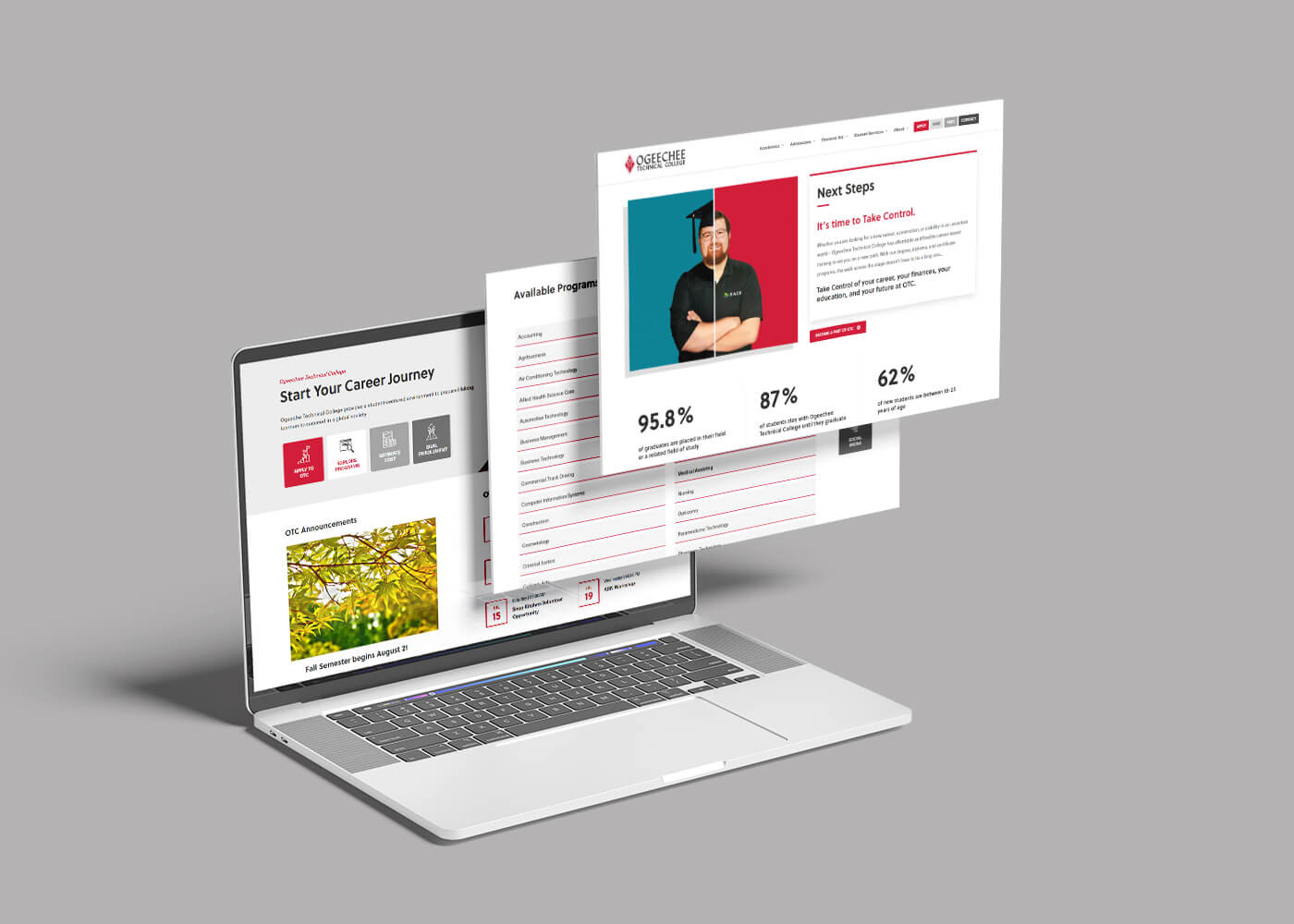 An open laptop showcasing multiple webpages for Ogeechee Technical College