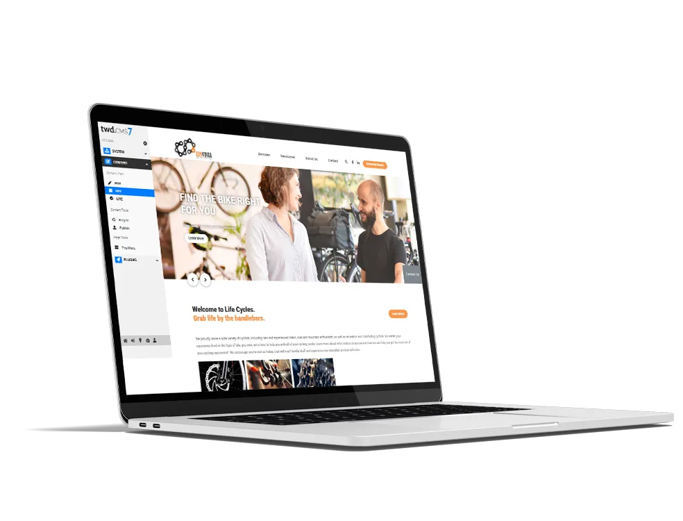 Responsive website content management system dashboard displayed on a laptop