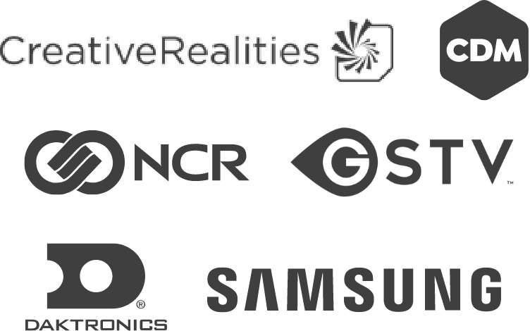 Image containing logos for Creative Realities, CDM, NCR, GSTV, Daktronics, and Samsung